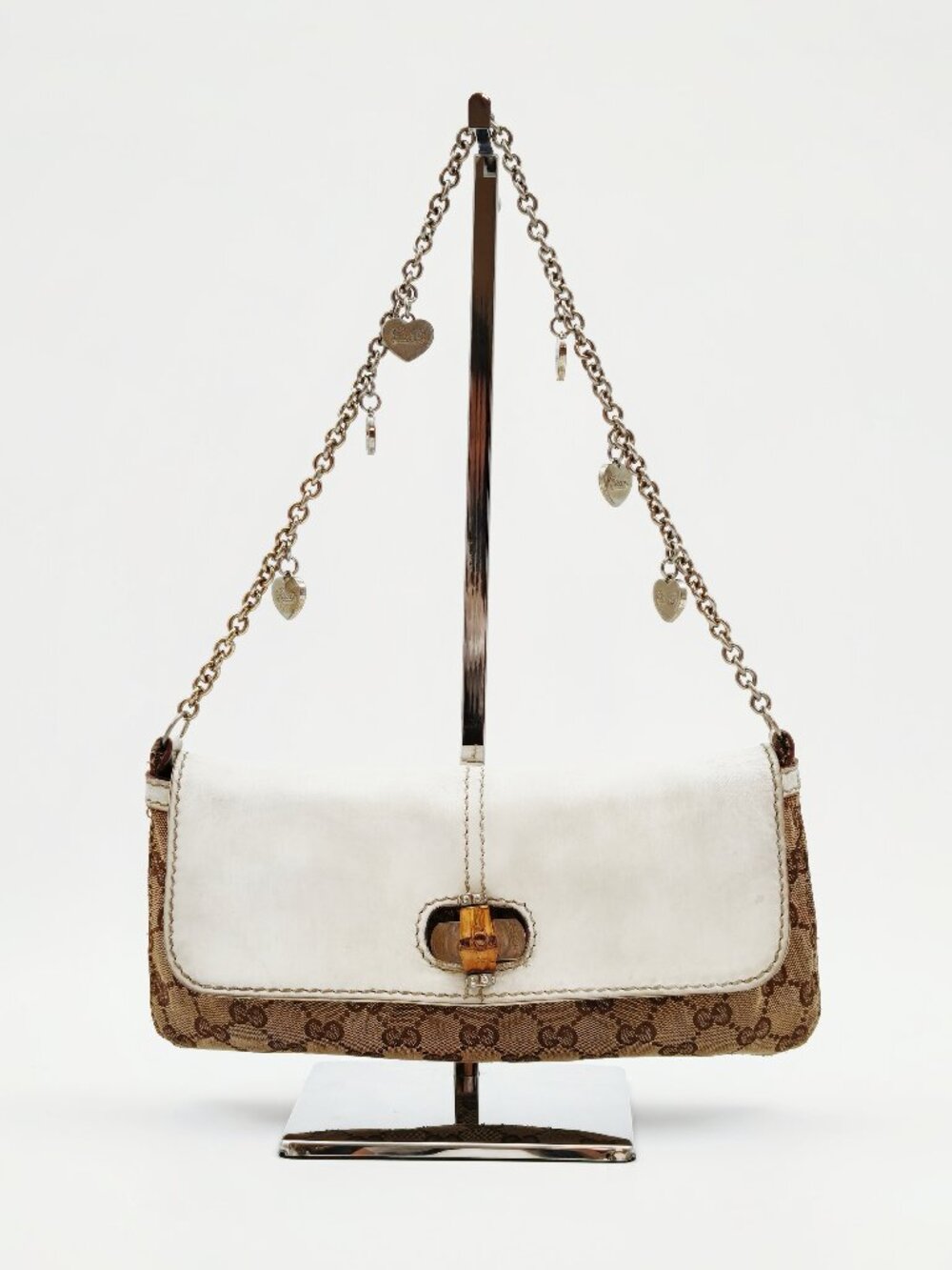 Gucci Rare Y2K GG Monogram Bamboo Charm Chain Shoulder Bag